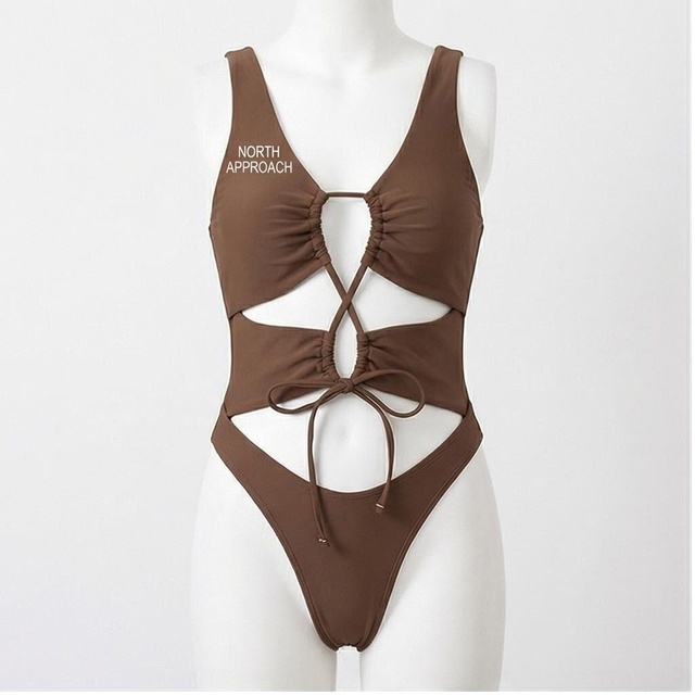 North Approach Women's Deep V Neck One Piece Swimsuit Hollow Out Cutout Design Stretch Bodysuit Thong Bottom Solid Brown