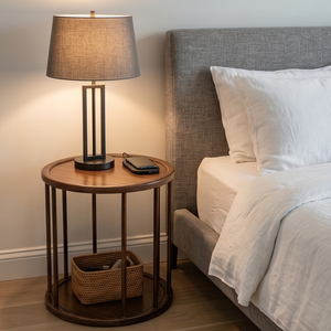 Teak Wood Material Handcrafted Round Spindle Side <b>Table</b> Lamp With Magazine Shelf Vintage Mid Century Modern Style for Hotel - Product Image 1