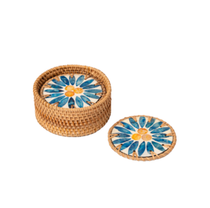 Juego de 6 posavasos redondos de ratán tejido a mano con incrustaciones de nácar, con soporte, accesorios rústicos para mesa de estilo costero, de Vietnam. - Product Image 2