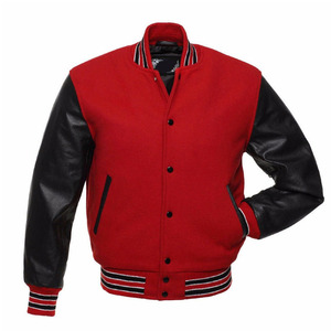 Custom Logo Varsity Jacket Men <b>Red</b> <b>Wool</b> Body Black Genuine Leather Sleeves Letterman Baseball Bomber Jacket - Product Image 1