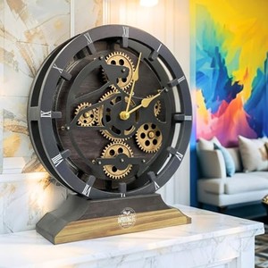 Horloge de bureau artisanale en bois d'acajou avec engrenages en laiton - Horloge steampunk en gros - Product Image 1