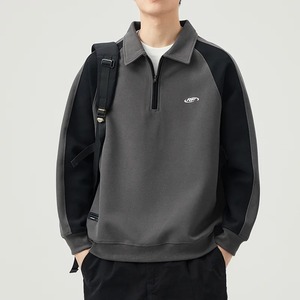 Sudadera de Hombre con Media Cremallera, Manga Raglán, Color Sólido, Cuello Camisero, Estilo Casual para Otoño, Tejido Transpirable de Felpa Francesa - Product Image 3