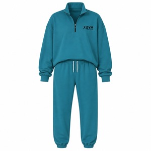 <b>Womens</b> Teal Quarter-Zip Hooded <b>Fleece</b> Sweatshirt & <b>Jogger</b> Tracksuit Set | Casual Gym Activewear with Custom Logo - Product Image 5