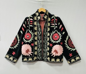 Velvet Suzani Embroidered Artisan Handmade Bomber Jacket Handcrafted Floral Design Medium Length 100% Cotton Velvet Soft All - Product Image 1