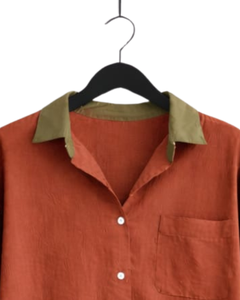 Ensemble pyjama décontracté en coton et lin pour femme, couleur orange rouille, chemise boutonnée et pantalon à cordon, deux pièces, fabricant - Product Image 5