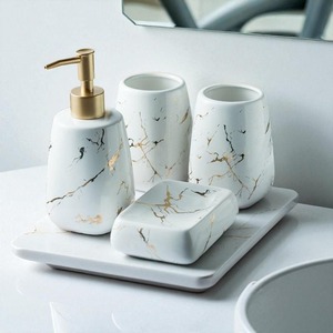 Luxury Ceramic Bathroom Set 4-Piece Green Marble Soap Dispenser <b>Toothbrush</b> <b>Holder</b> Tray Rectangle Easy To Clean - Product Image 3