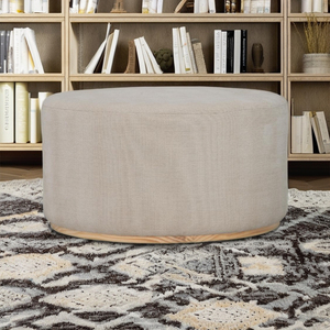 Designer Cream Fabric Large Pouf <b>Stool</b> MDF LVL Veneer Modern Ottoman for Home Lounge - Product Image 3