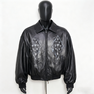 Men'sLeather Bomber <b>Jacket</b> Turn-down Collar Zipper Closure Embossed <b>Star</b> Gear Pattern Casual Style Regular Length - Product Image 4