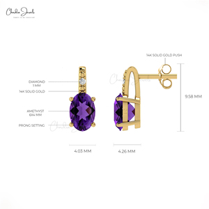 <b>Asian</b> Manufacturers 6x4mm Oval Cut Amethyst Earrings in 14k Solid Gold Diamond Accent Push Back Earrings Christmas Gift For Her - Product Image 4