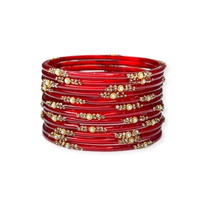 Trendy Gold Plated Bright Red Traditional Glass Bangles with Emerald Cut Pearl Indian Wedding & Festive Jewellery - Product Image 5