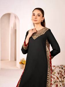 Beaded Embroidered Floor-Length Regular Fit Salwar Kameez Set <b>Black</b> <b>Pakistani</b> <b>Dress</b> Chanderi Fabric Neckline Sleeve Hem Detail - Product Image 3