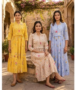 Indian Casual and Summer Wear Floral Print Muslin Silk With Gingham Print <b>Kurtis</b> Collections for Women and Plus Size Available - Product Image 1