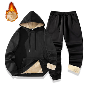 Ensemble de survêtement d'hiver pour homme, 2 pièces, imprimé, doublure polaire, sweat-shirt à capuche avec cordon de serrage, pantalon de jogging, couleur unie, manches longues - Product Image 3