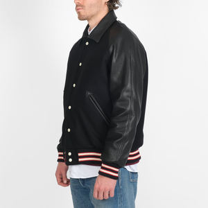 Chaqueta Varsity Negra de Poliéster y Algodón para Hombre, Estilo Bomber Clásico, con Rayas, Puños y Cremallera Frontal - Product Image 4