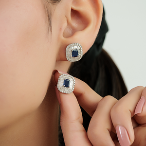 High End Premium Quality 14K Real White Gold Blue Sapphire & Diamond Double Cluster Push <b>Back</b> Stud <b>Earrings</b> For Women' Jewelry - Product Image 2