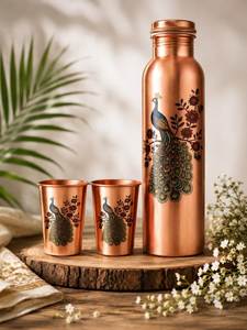 Ensemble de bouteilles d'eau en cuivre avec motif oriental, design turquoise et corail, vaisselle de voyage portable avec couvercles - Product Image 5