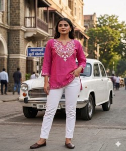 Kurta en coton rose pour femmes, broderie blanche, tenue décontractée régulière, style indien pakistanais, tenue traditionnelle 85435- BLUESTAR- BS...160 - Product Image 3
