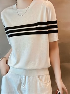 Women's <b>Cream</b> Solid Color Short Sleeve <b>Crop</b> <b>Top</b> Crew Neck Knitted T-Shirt Slim Fit Breathable Spring Summer Minimalist Style - Product Image 4