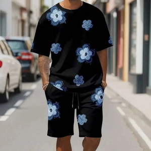 Mens 2 Piece <b>Set</b> T-Shirt & Shorts Graphic Flower Print Black White Summer - Product Image 2