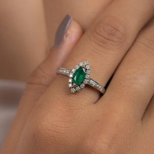 14K White Gold Natural Emerald Statement <b>Ring</b> for Women Resizable Solid Gold - Product Image 1