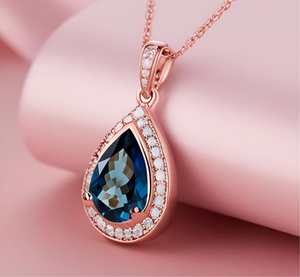 สร้อยคอเพียร์ลอนดอนบลูโทปาซ โรสโกลด์ ฮาโล เงินสเตอร์ลิง จี้ห้อยคอจากอัญมณีธรรมชาติ - Product Image 2