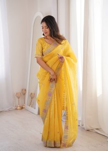 Sari en soie premium – Patchwork orné avec broderie et bordure ajourée - Product Image 3