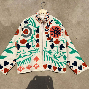 Hand Embroidered Cotton <b>Boho</b> Jacket for Women Floral Heart Pattern Ethnic Suzani Style Short Coat Casual Wear - Product Image 1