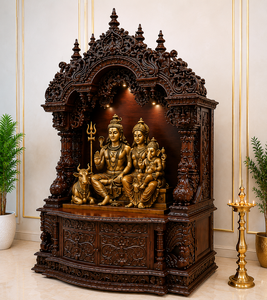 Shiv Parivar Teak Wood Home Temple Hand-Carved Wooden Pooja <b>Mandir</b> for Prayer Room South Indian Style Solid Wood Puja Ghar Uk - Product Image 2