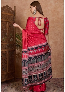 KV Barn <b>Red</b> Ajrakh Printed Satin Crepe Silk Saree With Unstitched <b>Blouse</b> - Product Image 4