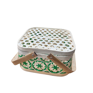 Unique Wedding <b>Gift</b> Basket Square Bamboo <b>Box</b> Dual Handles Straw <b>Hamper</b> Luxury Green White Anniversary Present Packaging <b>Gift</b> - Product Image 3