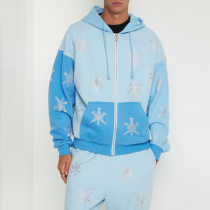 Ensemble de survêtement unisexe crème à capuche et fermeture éclair, manches longues, imprimé géométrique, coupe ample, respirant, avec strass, pour l'automne - Product Image 3