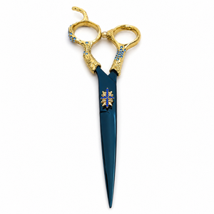 Tijeras de Peluquería Profesionales de Acero Inoxidable con Mango de Dragón, Hoja Afilada, para Diestros, Uso en Salón, Mango Largo, Azul Dorado - Product Image 1