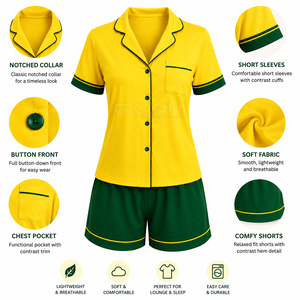 Cosh International Sisterhood Sorority Yellow Green Trim Short Sleeve Pajama <b>Set</b> Cotton Button Front Casual Sleepwear <b>Pjs</b> - Product Image 6