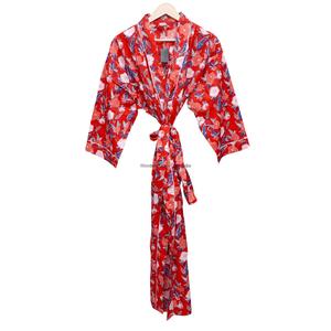 Robe kimono d'été pour femme, faite à la main, 100% coton, col en V, ceinture, manches longues, imprimé floral, séchage rapide, respirante - Product Image 4
