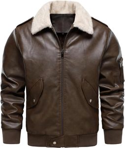 Chaqueta Bomber de Cuero PU Marrón para Hombre, con Cuello de Piel Sintética, Cierre de Cremallera Frontal, Estilo Motero, Gruesa para Invierno, Color Sólido, Manga Regular - Product Image 1
