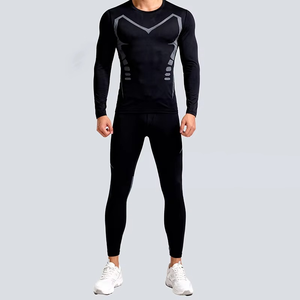 Men's <b>Black</b> Full <b>Sleeve</b> Compression Set Crew Neck Breathable Spandex Polyester <b>Long</b> <b>Sleeve</b> <b>Top</b> And Pants All Seasons Solid Kit - Product Image 5