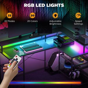 Scrivania a L da 150 cm con luci LED, prese di corrente e libreria per ufficio domestico in spazi ridotti - Nera - Product Image 4