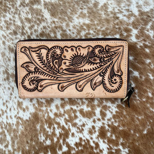 Portefeuille Western en cuir repoussé à la main Portefeuille à fermeture éclair en cuir véritable Pochette pour femme peinte à la main Porte-cartes Portefeuilles pour téléphone - Product Image 3