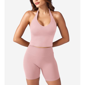 <b>Women</b> Seamless Halter Crop <b>Top</b> Solid Color Yoga Activewear Set <b>Pink</b> Spandex Polyester High Waist Shorts - Product Image 6