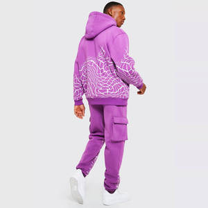 Sweat-shirt à capuche pour homme, imprimé géométrique violet, streetwear, manches longues, avec poches cargo, vêtements décontractés d'automne - Product Image 2