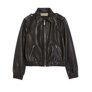 Blouson bomber en cuir PU noir, coupe ajustée, col rabattu, fermeture éclair, couleur unie, style automne, unisexe - Product Image 5