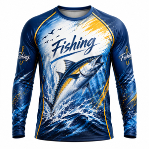 เสื้อเชิ้ตแขนยาวสำหรับตกปลา ผู้ชาย พิมพ์ลายแบบ Sublimation สีน้ำเงินเหลือง ออกแบบเองได้ คอกลม ระบายเหงื่อได้ดี ทรงพอดีตัว เหมาะสำหรับใส่กลางแจ้งในฤดูร้อน - Product Image 2