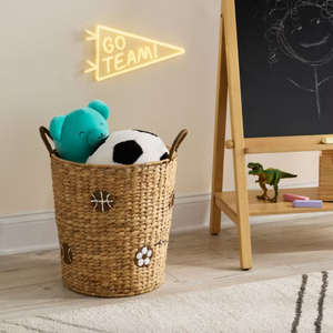 Boho Sports Embroidered Water Hyacinth Basket Cutout Handles Open Top Woven Storage <b>Bin</b> Kids <b>Bedroom</b> Decor Box - Product Image 5