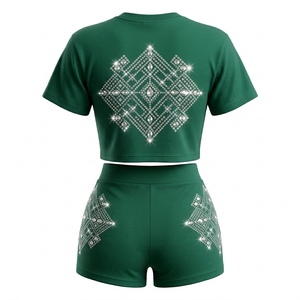 Women's Orange Rhinestone Mandala Crop Top & Shorts <b>Set</b> Bohemian Style Summer Outfit Two Piece Wear - Product Image 6