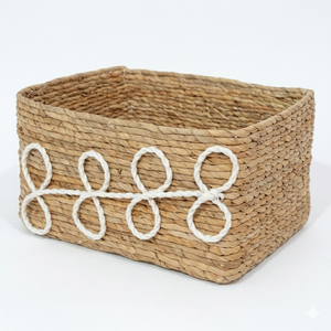 Handmade Natural Water Hyacinth Woven <b>Storage</b> <b>Basket</b> with <b>White</b> Rope Pattern Decorative Woven Rectangular Organizer High Quality - Product Image 1