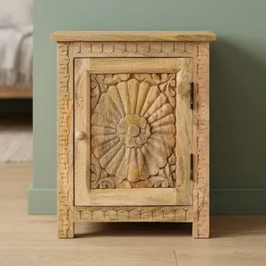 Vintage Solid Wood Carved One Door <b>Side</b> <b>Table</b> <b>Storage</b> Cabinet Bedroom Stool Rustic Farmhouse <b>Living</b> <b>Room</b> Furniture Home Decor - Product Image 4