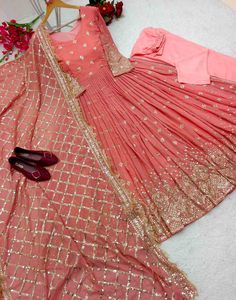 Robe de soirée en géorgette brodée avec sequins, bas de robe et dupatta, couleur pêche 62555 - Product Image 6