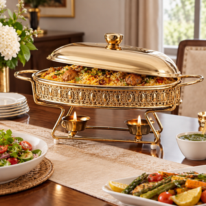 Plat à chafing dish ovale doré élégant avec bord à motif en relief, support pour bougie et plat en acier inoxydable pour usage domestique et hôtelier - Product Image 2