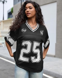 T-shirt pour femme en jersey maillé, col en V, manches courtes, style sportif, respirant, coupe ample, numéro 25, noir et blanc, imprimé logo - Product Image 2
