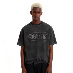 Custom Acid Wash Regular Heavyweight 100% Cotton Worsted O-Neck Screen Print Men's Crop T-Shirt Distressed Streetwear - Product Image 4